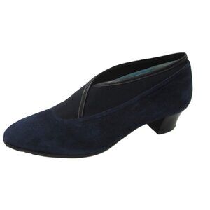 Thierry Rabotin 38 N 7.5 Navy Blue Suede Pumps Heels w/ Black Crossover Wrap EUC
